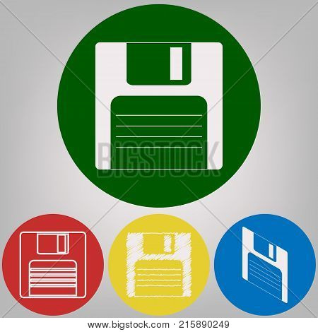 Floppy disk sign. Vector. 4 white styles of icon at 4 colored circles on light gray background.