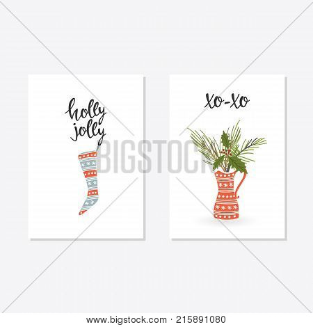 Greeting Card with christmas toys. Holly Jolly lettering. Template for New 2018 Year Cards and Merry Christmas posters