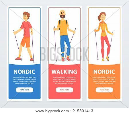Set of vertical banners with people Nordic walking. Health-promoting physical activity concept. Teenager, man and woman characters with sticks. Flat vector illustration. Colorful design for website.