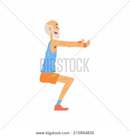 Athletic old man doing squat exercise. Cartoon elderly character with gray beard in sport outfit. Training outdoors. Healthy lifestyle concept. Side view. Flat vector illustration isolated on white.