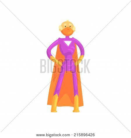 Funny elderly superman standing in heroic posture with arms akimbo. Cartoon old grandfather character in classic comics costume with orange cape and mask. Flat vector illustration isolated on white.