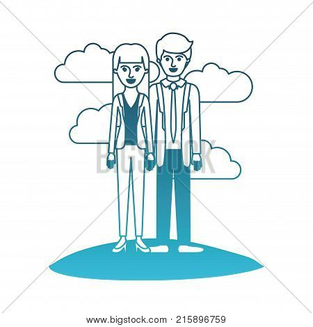 couple in degraded blue silhouette scene outdoor and her with blouse and jacket and pants and heel shoes with straight long hair and him with suit and tie and pants and shoes with short hair vector illustration