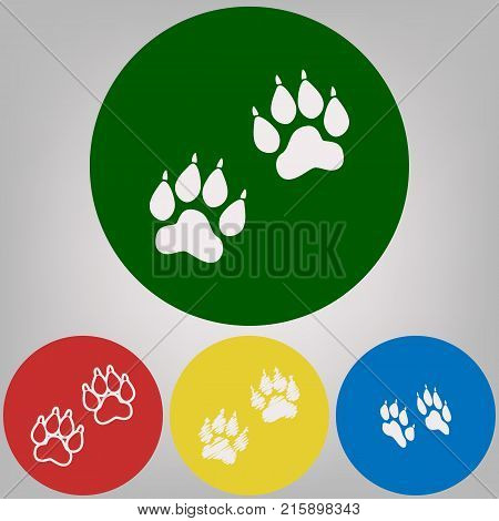 Animal Tracks sign. Vector. 4 white styles of icon at 4 colored circles on light gray background.