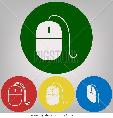 Mouse sign illustration. Vector. 4 white styles of icon at 4 colored circles on light gray background.