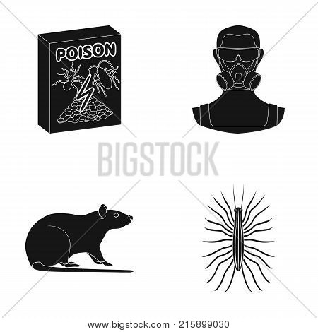Staff, packing with poison and pests black icons in set collection for design.Pest Control Service vector symbol stock  illustration.