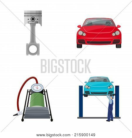 Car on lift, piston and pump cartoon icons in set collection for design.Car maintenance station vector symbol stock illustration .