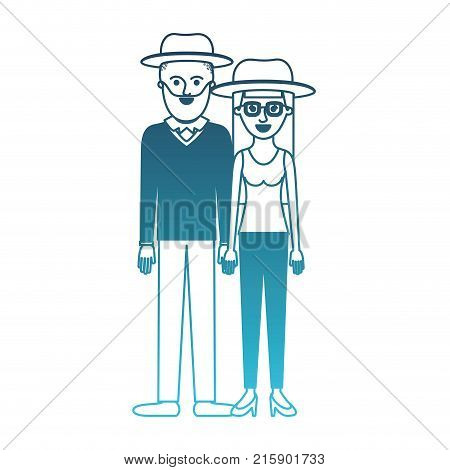 couple in degraded blue silhouette and both with hat and him with beard and sweater and pants and shoes and her with glasses t-shirt sleeveless and pants and heel shoes with long straight hair vector illustration