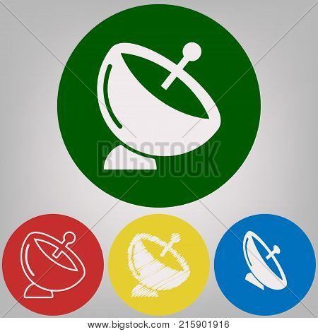 Satellite dish sign. Vector. 4 white styles of icon at 4 colored circles on light gray background.