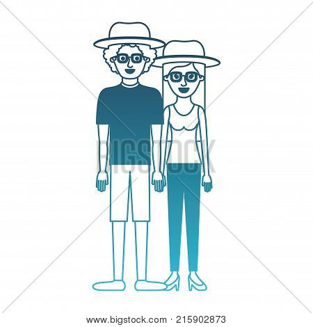 couple in degraded blue silhouette and both with hat and glasses and him with shirt and short pants and shoes and curly hair and her with blouse and pants and heel shoes with long straight hair vector illustration