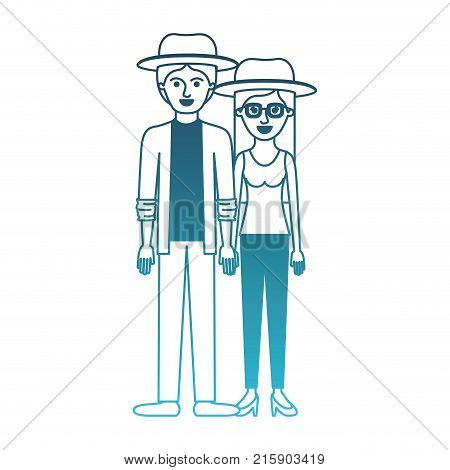 couple in degraded blue silhouette and both with hat and pants and him with shirt and jacket and pants and shoes and her with blouse and heel shoes with long straight hair vector illustration