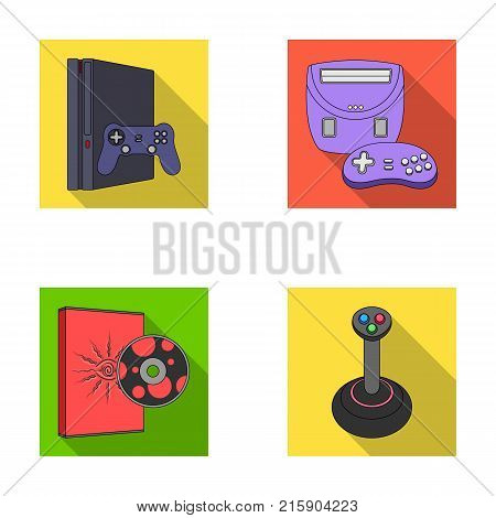 Game console, joystick and disc flat icons in set collection for design.Game Gadgets vector symbol stock  illustration.