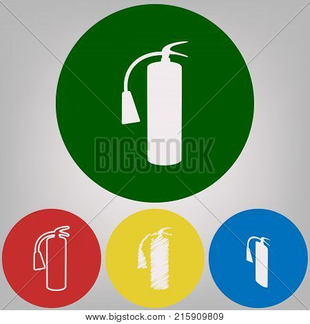 Fire extinguisher sign. Vector. 4 white styles of icon at 4 colored circles on light gray background.