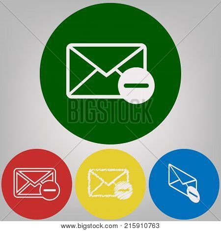 Mail sign illustration with remove mark. Vector. 4 white styles of icon at 4 colored circles on light gray background.