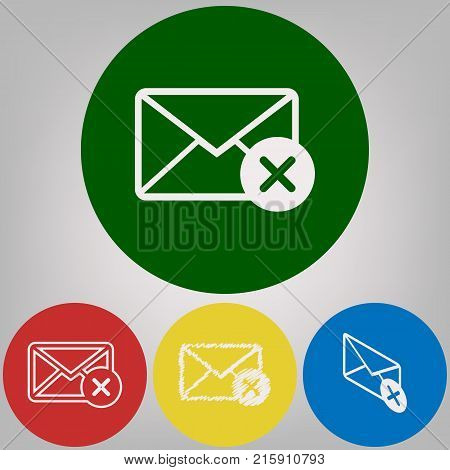 Mail sign illustration with cancel mark. Vector. 4 white styles of icon at 4 colored circles on light gray background.