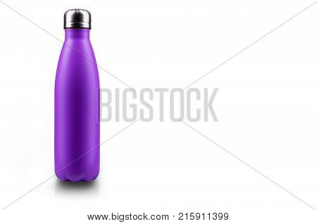 Stainless thermos water bottle, isolated on white background. Light violet color