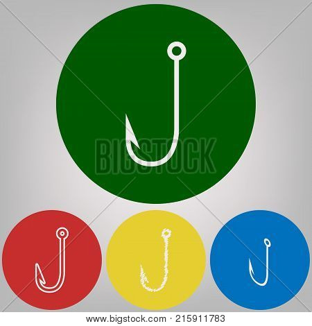 Fishing Hook sign illustration. Vector. 4 white styles of icon at 4 colored circles on light gray background.