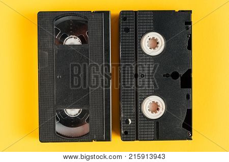 Used VHS (video home system) video casette tape retro technology