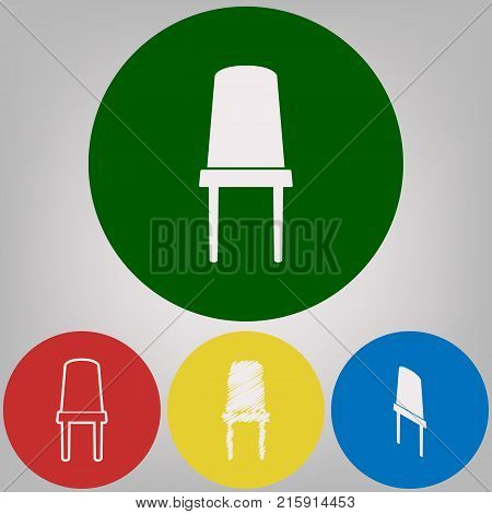 Office chair sign. Vector. 4 white styles of icon at 4 colored circles on light gray background.