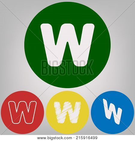 Letter W sign design template element. Vector. 4 white styles of icon at 4 colored circles on light gray background.