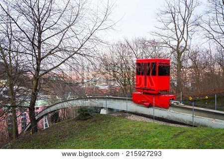 Red funicular rides from Smichov to Mrazovka park in Prague, Czech Republic