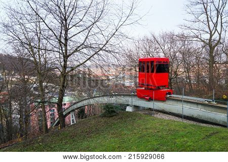 Red funicular rides from Smichov to Mrazovka park in Prague, Czech Republic
