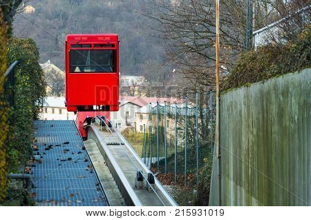 Red funicular rides from Smichov to Mrazovka park in Prague, Czech Republic