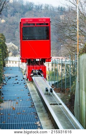 Red funicular rides from Smichov to Mrazovka park in Prague, Czech Republic