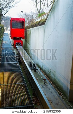 Red funicular rides from Smichov to Mrazovka park in Prague, Czech Republic