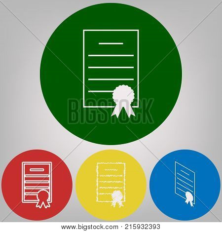 Check mark sign illustration. Vector. 4 white styles of icon at 4 colored circles on light gray background.