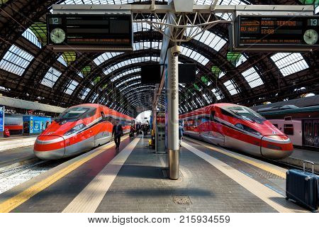 Milan, Italy - May 17, 2017: Modern high-speed trains at the Milan Central Station.