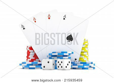 3d rendering of four different ace cards with casino chip stacks and white dice. Bets and stakes. Lose or win. Casino and luck.
