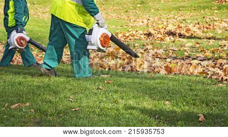 Workers cleaning fallen autumn leaves with a leaf blower