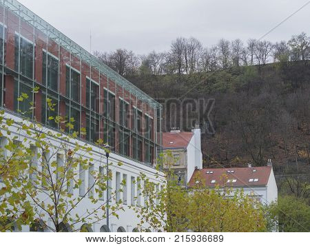 Czech republic Prague Karlin November 21 2017: view on business buildings and hill and trees on sokolovska street
