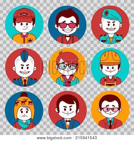 People avatars collection. Professions vector flat icons on transparent background. Soldier, businessman, accountant, manager, showman, financier, sportsman, coach teacher and banker