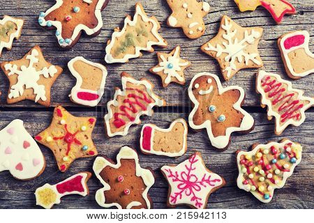 Christmas decoration with cookies on wooden dackground