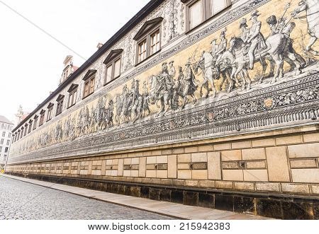 DRESDEN GERMANY - OCTOBER 20 2017: Fürstenzug Procession of Princes is a mural in Dresden. It is one of the main tourist attraction in the city. Editorial.