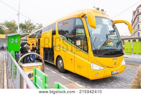 PRAGUE CZECH REPUBLIC - OCTOBER 20 2017: Regiojet Student Agency bus waiting for journey from Prague to Berlin in Florenc station. Editorial.