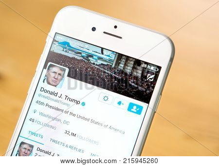 JYVASKYLA FINLAND - JUNE 13 2017: Close up of mobile phone screen with the Twitter account of Donald Trump. The American President has over 32 million followers on Twitter. Illustrative editorial.