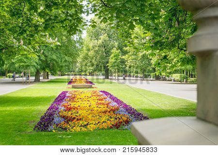 WARSAW POLAND - MAY 23 2017: Saxon Garden in Polish Ogród Saski is a famous park in Warsaw. Beautiful flowers in famous and popular attraction in the capital city of Poland. Editorial.
