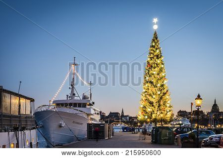 STOCKHOLM SWEDEN - DECEMBER 27 2016: The Kinnevik traditional large Christmas tree at Skeppsbron Stockholm. Known as the tallest Christmas tree in the world