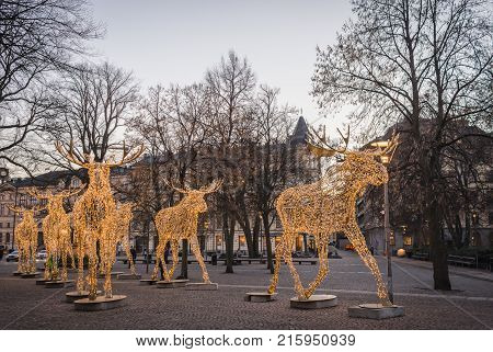 STOCKHOLM SWEDEN - DECEMBER 23 2016: Group of large moose sculptures made of led lights at Nybrokajen during Christmas season