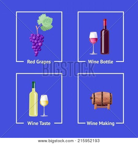 Red and white wine making process set of icons with grapes, bottles and barrel. Vector illustration with alcohol beverage producing scheme on purple background