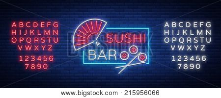 Sushi logo in neon style. Bright neon sign with text is isolated. Bright billboard billboard, restaurant advertising bar of Japanese food sushi. Vector illustration. Editing text neon sign.