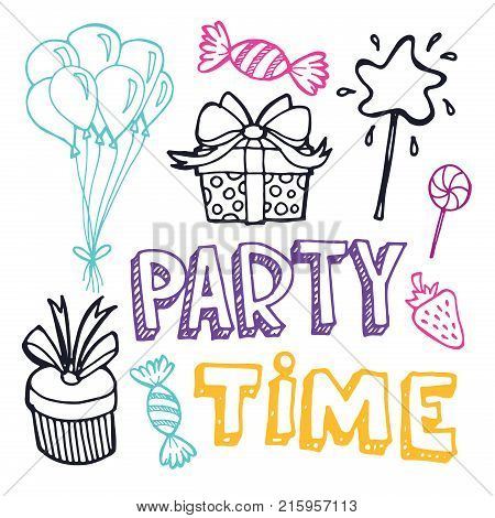 Hand drawn doodle party time set. Party time!