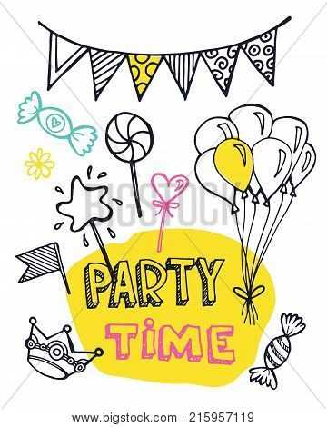 Hand drawn doodle party time set. Party time!