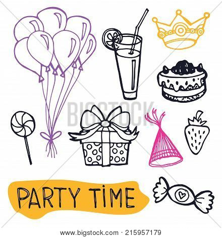 Hand drawn doodle party time set. Pattern
