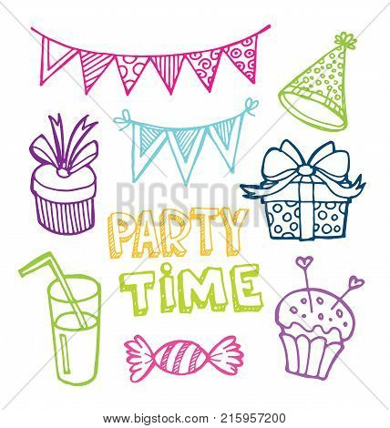 Hand drawn doodle party time set. Pattern