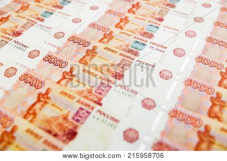 Russian paper banknotes 5000 rubles background. Russian ruble