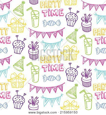 Hand drawn doodle party time set. Pattern