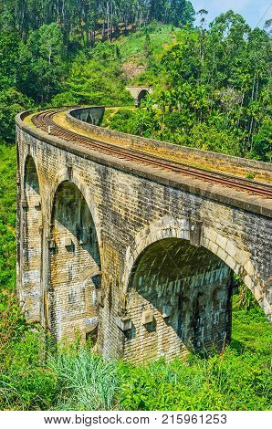 The old Nine Arch Bridge connects Ella and Demodara railway stations and runs among the mountains and rain forests Sri Lanka.
